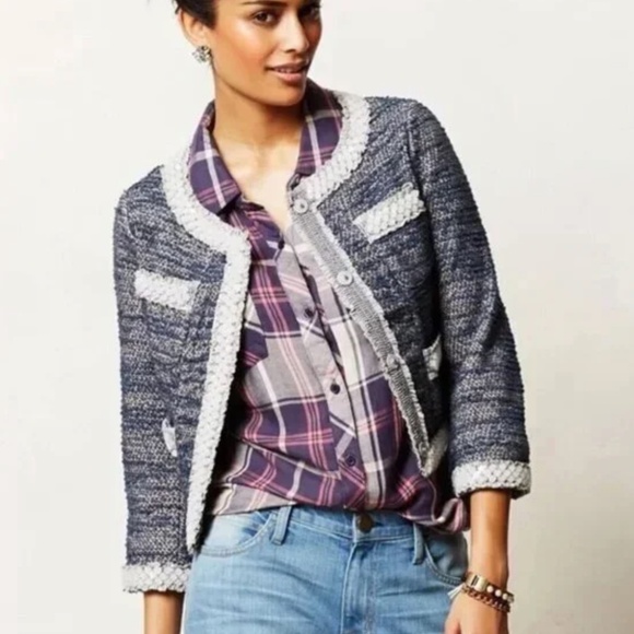 Anthropologie Isani Massey Cropped Tweed Beaded Trim Jacket Blue Grey L - Picture 1 of 12